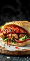 Delicious grilled chicken sandwich loaded with fresh ingredients and tangy sauce served on rustic wooden board photo
