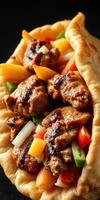Grilled meat wrapped in fresh flatbread with colorful vegetables and sauce prepared in a cozy setting photo