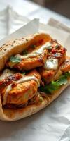 Delicious sandwich filled with spicy grilled chicken, fresh herbs, and creamy sauce served in flatbread photo