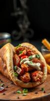 Delicious wrap filled with savory spiced meat, fresh vegetables, and creamy sauce served with crispy fries photo