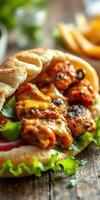 Delicious chicken sandwich with melted cheese and fresh toppings served in a cozy setting photo