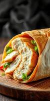 Delicious chicken wrap with fresh herbs served on a wooden board for a tasty meal photo