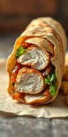 Tasty wrap filled with crispy fried chicken and fresh cilantro on a soft tortilla photo