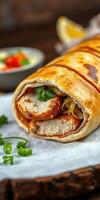 Savory rolled flatbread filled with spiced chicken, onions, and cilantro served on a rustic wooden table photo