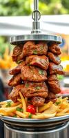 Delicious stacked fried chicken served on a silver platter with crispy fries at a vibrant outdoor food market photo