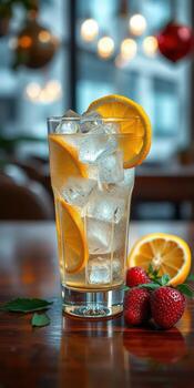 refrescante agrios bebida con hielo y Fresco fresas en un de madera mesa durante un soleado tarde foto