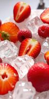 Fresh strawberries and raspberries arranged on ice showcasing vibrant colors and textures in a summer setting photo