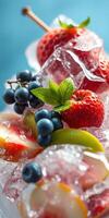 Fresh fruit and ice create a vibrant summer dessert display with strawberries, blueberries, and sliced apples photo