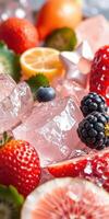 Fresh fruits and colorful ice cubes create a vibrant summer dessert display with strawberries and blueberries photo