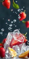 Fresh strawberries and ice create a vibrant splash of color and texture in a refreshing fruit display photo