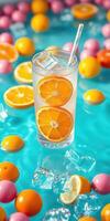 Refreshing citrus drink served in clear glass surrounded by colorful floating balls and ice cubes in bright blue water photo