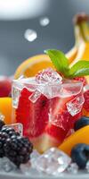 Refreshing berry cocktail garnished with mint and surrounded by fresh fruits photo