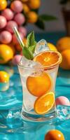 Refreshing citrus drink with ice garnished with fruits and mint on a vibrant table setting photo