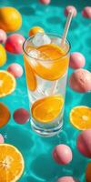 Refreshing citrus drink with ice and pastel balls in a vibrant pool setting during summer photo