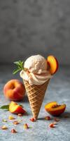 Creamy peach ice cream cone served with fresh peach slices in a stylish setting photo