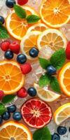 Fresh citrus and berry arrangement with mint leaves on ice for a vibrant summer display photo