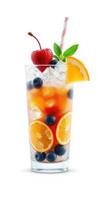 Refreshing summer beverage garnished with fruits and ice in a tall glass cup photo