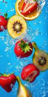 Fresh fruits splashing in water against a vibrant blue background creating a refreshing visual delight photo