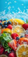 Fresh fruits and berries splashing in water capture vibrant summer energy and refreshment photo