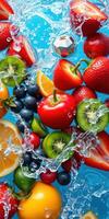 Fresh fruits splashing in water create a vibrant and colorful display showcasing nature's bounty photo