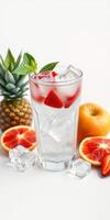 Refreshing summer beverage with strawberries, oranges, and mint on a bright background photo