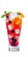 Refreshing fruit-filled beverage garnished with mint, ice, and citrus slices on a bright background photo
