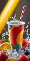 Refreshing drink with colorful cup surrounded by fresh fruits and ice cubes in a vibrant setting photo