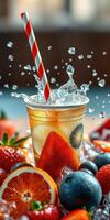 Refreshing fruit drink with splashes and colorful garnishes in a vibrant setting photo