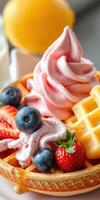 Delicious dessert with soft serve, strawberries, blueberries, and waffle served in a vibrant cafe setting photo