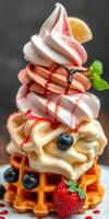 Deliciously stacked ice cream cones with waffles, fresh fruit, and syrup on a plate photo