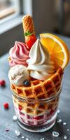 Indulgent waffle dessert topped with whipped cream, fruits, and ice cream served in a glass container photo