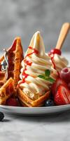 Delicious dessert of waffle cones filled with creamy soft serve and fresh berries served on a white plate photo