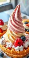 Creamy ice cream swirl atop a freshly baked waffle adorned with berries and whipped cream in a cozy cafe photo