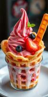 Delicious strawberry and blueberry soft serve in a waffle cup served on a white plate photo