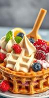 Delicious waffle bowl filled with ice cream and fresh berries on a light blue background photo