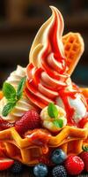 Delicious swirl of soft serve ice cream in a waffle bowl topped with fresh fruits and syrup photo