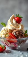 Delicious ice cream dessert with fresh strawberries in a glass bowl captured in bright light photo