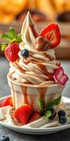 Delicious exquisite dessert with soft serve ice cream topped with strawberries, blueberries, and chocolate syrup at a cafe photo