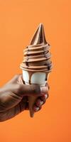 Enjoying a delicious chocolate swirl ice cream cone against a bright orange background at a summer festival photo