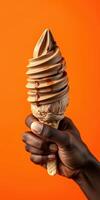 Decadent chocolate ice cream cone held against a vibrant orange backdrop at a warm summer gathering photo