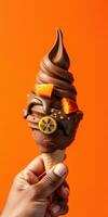 Delicious chocolate soft serve cone topped with citrus fruit on a vibrant orange background photo