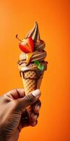 Creamy chocolate soft serve cone topped with fresh strawberry and caramel drizzle against a vibrant orange background photo