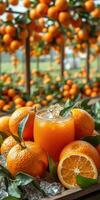 Freshly squeezed orange juice with oranges on display in a bright citrus farm during sunny afternoon photo