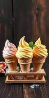 Tasty ice cream cones displayed on a wooden tray with vibrant flavors at a dessert shop photo