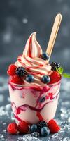 Delicious berry swirl dessert served in a clear cup with fresh raspberries and blueberries on top photo