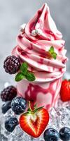 Delicious swirl of berry-flavored soft serve ice cream topped with fresh fruits and mint leaves photo