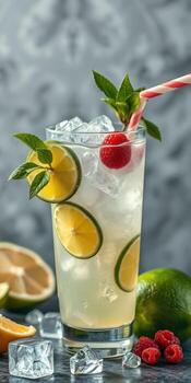 Refreshing cocktail with lemon, lime, and fresh fruit garnishes on a marble background photo