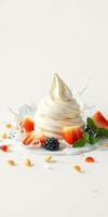 Indulgent soft serve ice cream topped with fresh fruits and nuts on a clean white backdrop photo
