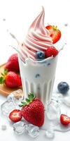 Creamy strawberry swirl dessert topped with fresh berries and ice on a white background photo