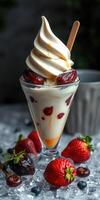 Delicious dessert with soft serve, chocolate drizzle, strawberries, and cherries in a glass on a table photo